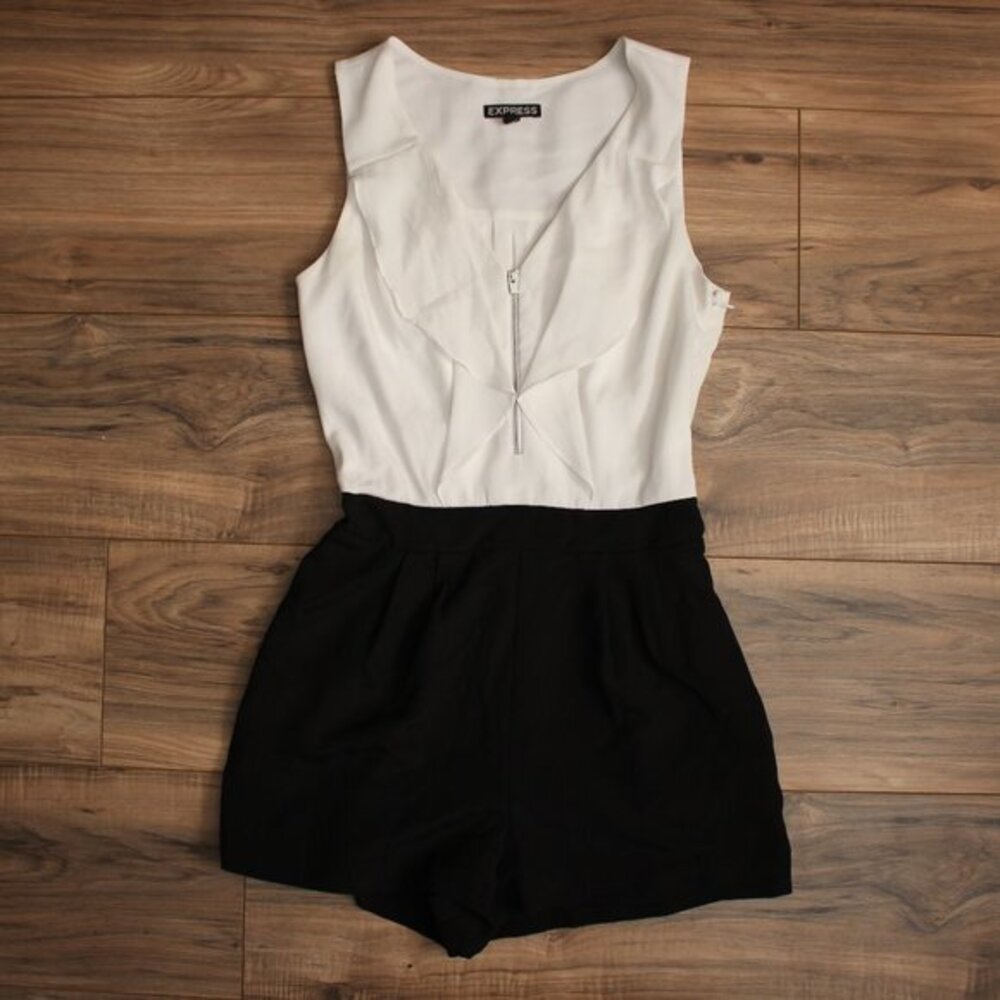 Express Black & White Tuxedo Style Ruffle Neck Romper
